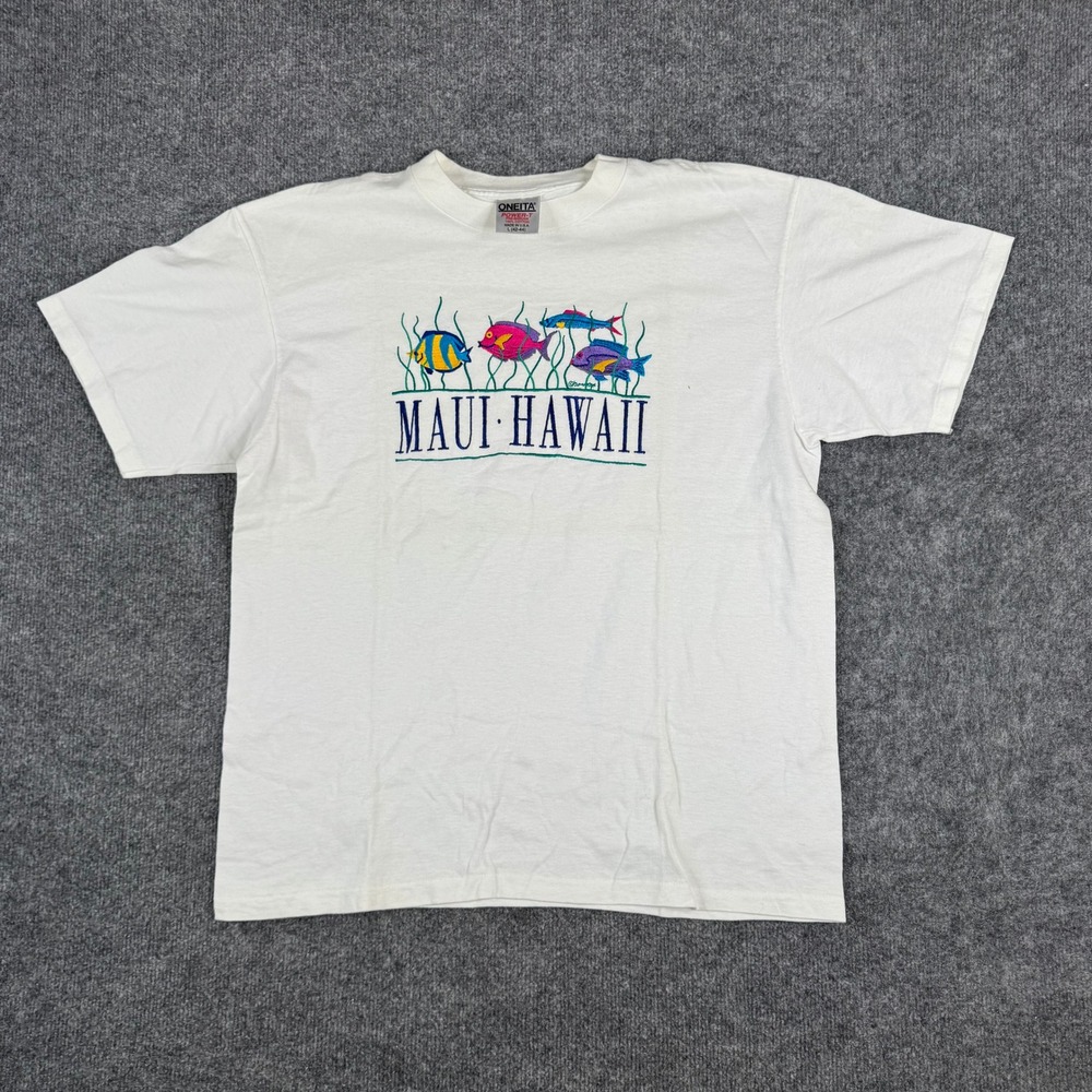 Oneita T-Shirt Mens Size L White Maui Hawaii Embroidered Fish Cotton USA Made
